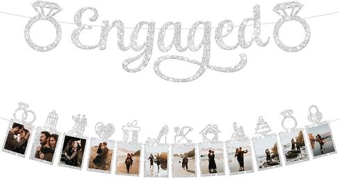 KatchOn, Silver Glitter Engaged Photo Banner - 2 String, 10 Feet, No DIY | Silver Engagement Party Decorations | Engagement Photo Banner for Bachelorette Party Decorations | She Said Yes Decorations in Saudi Arabia