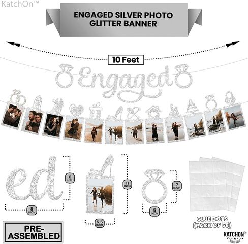 KatchOn, Silver Glitter Engaged Photo Banner - 2 String, 10 Feet, No DIY | Silver Engagement Party Decorations | Engagement Photo Banner for Bachelorette Party Decorations | She Said Yes Decorations in Saudi Arabia