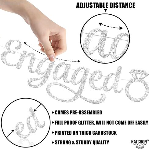 KatchOn, Silver Glitter Engaged Photo Banner - 2 String, 10 Feet, No DIY | Silver Engagement Party Decorations | Engagement Photo Banner for Bachelorette Party Decorations | She Said Yes Decorations in Saudi Arabia