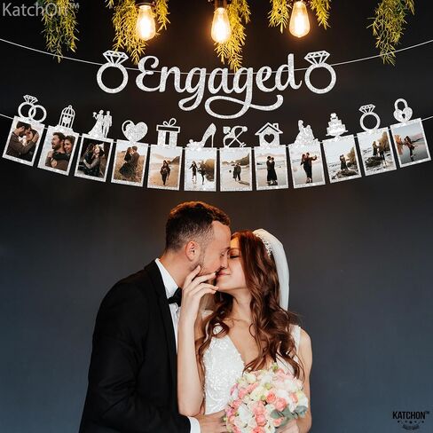 KatchOn, Silver Glitter Engaged Photo Banner - 2 String, 10 Feet, No DIY | Silver Engagement Party Decorations | Engagement Photo Banner for Bachelorette Party Decorations | She Said Yes Decorations in Saudi Arabia