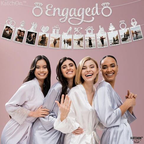 KatchOn, Silver Glitter Engaged Photo Banner - 2 String, 10 Feet, No DIY | Silver Engagement Party Decorations | Engagement Photo Banner for Bachelorette Party Decorations | She Said Yes Decorations in Saudi Arabia