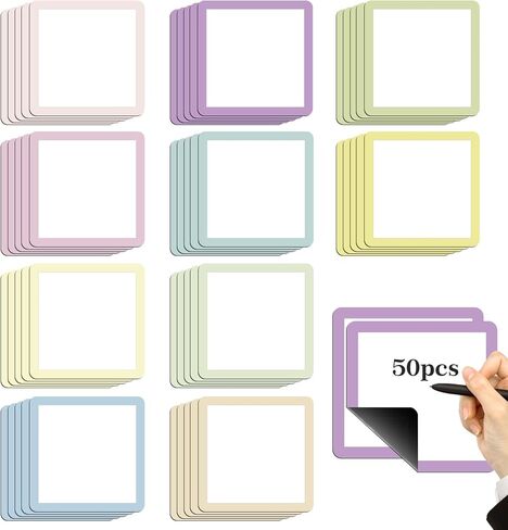 50pcs Magnetic Dry Erase Labels Stickers 4"x4" Magnetic Blank Cards with Pastel Color Border Dry Erase Magnets Reusable Magnetic Name Tags for Whiteboard Accessories Classroom Office Home Refrigerator in Saudi Arabia