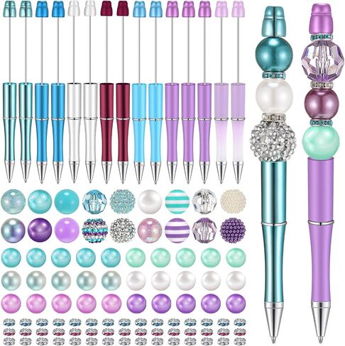 Geyee 15 Pcs Plastic Beadable Pens Assorted Bead Pens Multicolor Beads Bubblegum Beads Crystal Spacer Beads Black Ink Ballpoint DIY Set for Summer Ocean Party Gifts (Pink Green) in Saudi Arabia