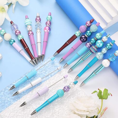 Geyee 15 Pcs Plastic Beadable Pens Assorted Bead Pens Multicolor Beads Bubblegum Beads Crystal Spacer Beads Black Ink Ballpoint DIY Set for Summer Ocean Party Gifts (Pink Green) in Saudi Arabia