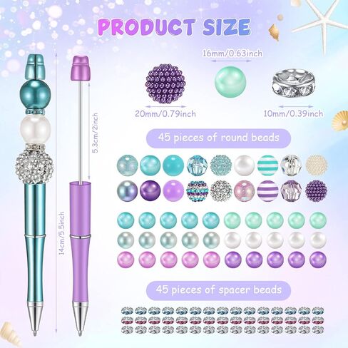 Geyee 15 Pcs Plastic Beadable Pens Assorted Bead Pens Multicolor Beads Bubblegum Beads Crystal Spacer Beads Black Ink Ballpoint DIY Set for Summer Ocean Party Gifts (Pink Green) in Saudi Arabia