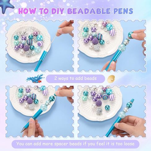 Geyee 15 Pcs Plastic Beadable Pens Assorted Bead Pens Multicolor Beads Bubblegum Beads Crystal Spacer Beads Black Ink Ballpoint DIY Set for Summer Ocean Party Gifts (Pink Green) in Saudi Arabia