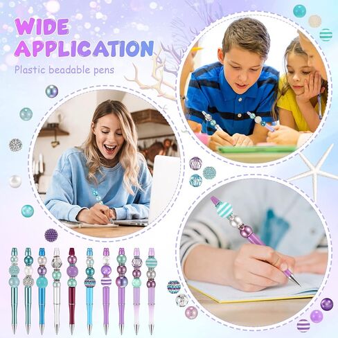 Geyee 15 Pcs Plastic Beadable Pens Assorted Bead Pens Multicolor Beads Bubblegum Beads Crystal Spacer Beads Black Ink Ballpoint DIY Set for Summer Ocean Party Gifts (Pink Green) in Saudi Arabia
