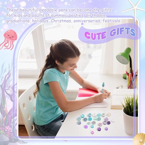 Geyee 15 Pcs Plastic Beadable Pens Assorted Bead Pens Multicolor Beads Bubblegum Beads Crystal Spacer Beads Black Ink Ballpoint DIY Set for Summer Ocean Party Gifts (Pink Green) in Saudi Arabia
