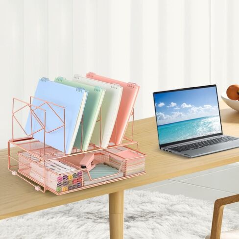 Desk Organizers and Accessories, Desk Paper Letter Tray Organizer with File Holder and Drawer, Office Desktop Workspace File Organizer for Office Supplies(Rose Gold) in Saudi Arabia