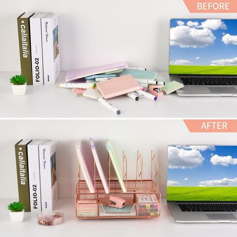 Desk Organizers and Accessories, Desk Paper Letter Tray Organizer with File Holder and Drawer, Office Desktop Workspace File Organizer for Office Supplies(Rose Gold) in Saudi Arabia