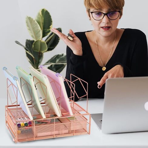 Desk Organizers and Accessories, Desk Paper Letter Tray Organizer with File Holder and Drawer, Office Desktop Workspace File Organizer for Office Supplies(Rose Gold) in Saudi Arabia
