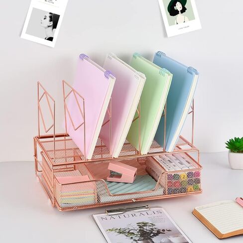 Desk Organizers and Accessories, Desk Paper Letter Tray Organizer with File Holder and Drawer, Office Desktop Workspace File Organizer for Office Supplies(Rose Gold) in Saudi Arabia