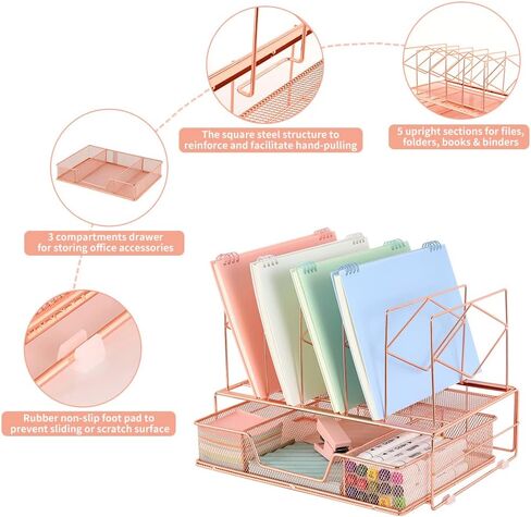 Desk Organizers and Accessories, Desk Paper Letter Tray Organizer with File Holder and Drawer, Office Desktop Workspace File Organizer for Office Supplies(Rose Gold) in Saudi Arabia