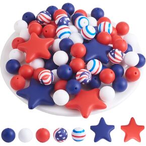 BEEFLYING 104Pcs Independence Day Silicone Bead Bulk for Beaded Pens Keychain Crafts Bulk Rubber Beads for Necklace Bracelets Earrings Making