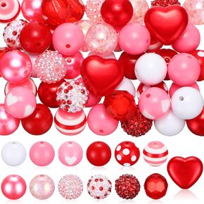 Sintuff 50 Pcs Valentine‘s Day Bubblegum Beads Bulk 20 mm Pink Red Heart Beads Acrylic Plastic Spacer Gum Ball for Valentine‘s Day DIY Bracelet Pendant Necklace