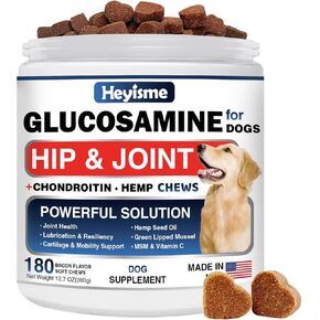 Glucosamine for Dogs, 180 Chews Hip and Joint Supplement for Dogs, Glucosamine Chondroitin, MSM Hemp Dog Joint Pain Relief, Dog Joint Supplement Health Mobility Support (180 Chews, Bacon)