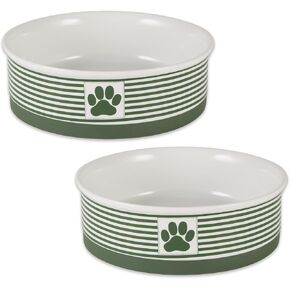 Bone Dry Ceramic Paw Print Striped Pet Bowls for Dogs & Cats Non-Slip Bottom for Secure Feeding, Microwave & Dishwasher Safe, Hunter Green, Large Bowl Set, 7.5x2.4, 2 Count