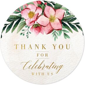 Fuchsia Pink Floral Wedding Thank You Labels Thank You for Celebrating with Us Stickers | 2 inch | Gold Foil | 60pcs Waterproof Favor Labels for Wedding, Bridal Shower, Baby Shower