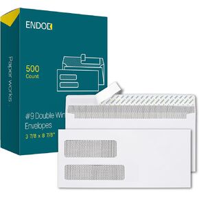 EnDoc 500#9 Double Window Envelopes Self Seal, 3 7/8 x 8 7/8" Security Tinted Envelopes for Invoices & Statements, Business Mailing Envelopes with Windows, Bright White 24lb Paper Envelopes no. 9