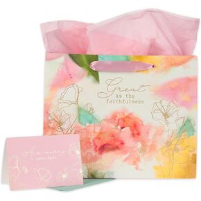 Christian Art Gifts Large Landscape Gift Bag for Women w/Greeting Card & Tissue Paper Set: Great Is Thy Faithfulness - Inspirational Religious Wrapping Essential, Pink Pastel Multicolor Floral w/Gold