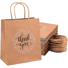 QIELSER Thank You Gift Bags Bulk 50 Pcs 8x4.75x10 Inches Medium Black Kraft Paper Bags with Handles, Tissue Paper, and Hang Tags for Retail Shopping, Wedding, Baby Shower Holiday, Party