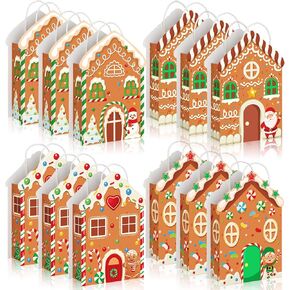 Kolldenn 12 Pcs Christmas Gift Bags Gingerbread House Candy Goodie Bags Small Christmas Kraft Paper Treat Bag for Xmas Winter Holiday Party Favors Supplies Snack Packaging present Decorations