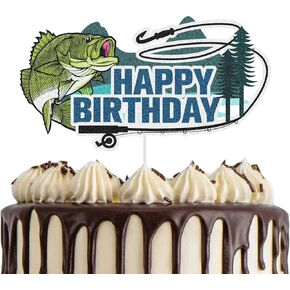 Fishing Birthday Cake Topper For Men Boys Glitter Gone Fishing Cake Decor Fishing Party Decorations Supplies Fisherman Big Fish Cake Toppers
