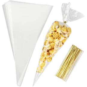 100 Pieces Cone Shaped Treat Bags, Cone Shaped Cellophane Treat Bags, 10 x 5 Inches Triangle Treat Bags with Ties, Clear Treat Bags, Plastic Treat Bags with Twist Ties for Popcorn Treats Cookies Candy
