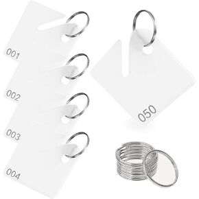 100 Pcs Key Tags Plastic Slotted Tags with Upgrade Round Ring, White Square Hanging Tags with Number(1-100) for Key Cabinets Boxes Lockers Sturdy Frosted Item Identifiers for Home Office and Garage