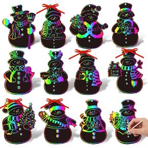 JarThenaAMCS 120Pcs Winter Snowman Scratch Paper Rainbow DIY Scratch Art Magic Scratch Off Cutout with 120Pcs Ribbons 60Pcs Wooden Styluses for Christmas Craft Party Game