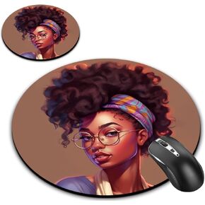 Round Mouse Pad, African American Women Girl Designs Non-Slip Rubber Base Gaming Mouse Pads and Coaster Set for Working Or Game, Desk Accessories, Cool Mouse Pad