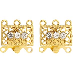 Pandahall 2Sets 3-Strand Necklace Layering Box Clasps Multi-Strand Filigree Rhinestone Brass Slide Clasps Bracelet Connectors Golden for Jewelry Making, 18x17x1.5mm