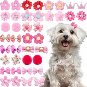Dog Bows 40pcs, Puppy Hair Bows for Small Dogs Girl, Cute Dog Hair Bows with Rubber Bands, Pink Small Hair Ties for Yorkie Teddy, Flower Ball Bowknot Top Knot Handmade Pet Hair Accessories