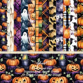 24 Sheets Halloween Pattern Paper Set, 6" x 6" Patterned Cardstock Paper Scrapbooking Supplies Paper Crow Pumpkin Bat Decorative Craft Paper for DIY Card Making Photo Album Junk Journal Décor