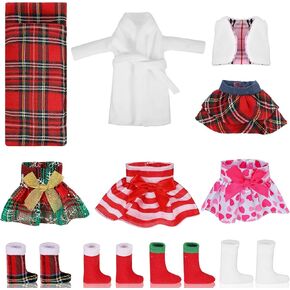 Zhanmai 11 Pieces Christmas Doll Clothing Accessory Set for Doll Include Christmas Plaid Skirt Dress Fluffy Vest Xmas Nightgown Sleeping Bag Sock