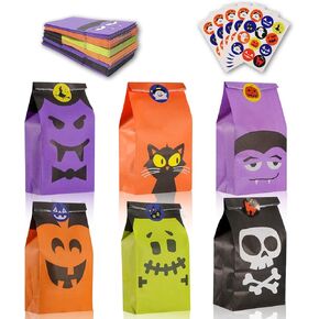 Mucinia 60PCS Halloween Candy Bags and 60PCS Halloween Treat Bag Stickers, Paper Goodie Bags for Snacks Goody Treats, Halloween Party Favors Decorations