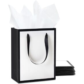 YACEYACE Black and White Gift Bags with Tissue Paper, 10Pcs 8"x10"x4.25" Medium Gift Bags Bulk,Elegant Gift Bags for Boutique, Retail, Shopping,Party