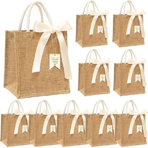 Small Burlap Gift Bags 10 Pack for Wedding Welcome, Bachelorette, Beach, Bridesmaid - Reusable Bulk Jute Bags with Cream Ribbons