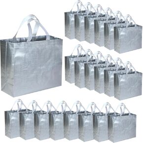 CHENGBAIBAG Silver Reusable Gift Bags 21 Pieces, Shiny Glossy gift bag with 12.2 x 4.72 x 11 inches, Reusable Glossy Gift Wrap Bags for Birthday, Weddings, Christmas