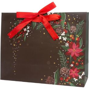Boston International Gift Bag Christmas Holiday Gifting Paper Bags with Handles, Large, Christmas Floral (Black)