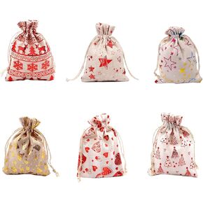 16PCS Christmas Treat Bags 8 Designs Burlap Bags with Drawstrings Natural Linen Gilding Large Candy Gift Bags New Year Party Favor Supplies for Xmas Goodies Cookies Christmas Gift Wrap Decor (Christmas-3)