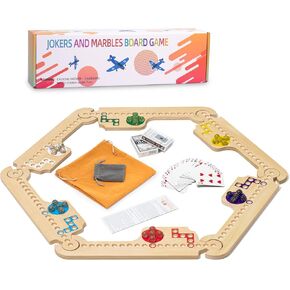 Jokers and Marbles Board Game, Wooden Marble Game for 2-6 Players, Portable Jokers Game with 30 Marbles 3 Decks of Cards 2 Storage Bags for Family Game Night and Holiday Party