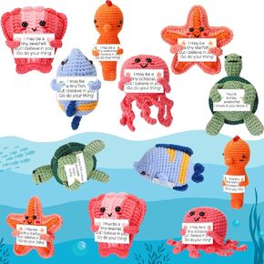 12 Pcs Mini Positive Emotional Vegetable Fruit Potatoes Sea Animals Funny Crochet Doll Knitting Doll Set with Positive Cards Creative Encouragement Support for Birthday Gift (Sea Animals)