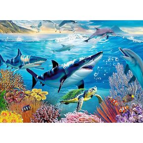 Large Piece 100 Piece Puzzle for Adults Seniors and Kids - Underwater World Ocean Marine Life - Sharks Dolphins Turtles Coral Seagulls
