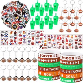 120 Pieces Sport Party Favors Set, Soccer Basketball Football Baseball Goodie Bag Fillers, Toy Whistle Silicone Bracelet Luminous Tattoo Sticker Keychain for Sports Party Supplies (Football Style)