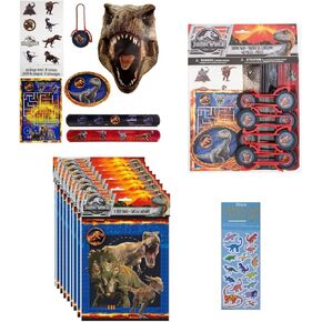 Unique Jurassic World Party Supplies Bundle Pack Includes 8 Plastic Loot Bags, 48 Pc Pack Includes 8 Sticker Sheets, 8 Tattoos, 8 Activity Sheets, 8 Slap Bracelets, 8 Paper Masks, 8 Disc Shooters