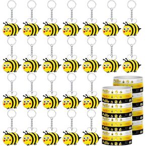48 Pieces Cute Bee Keychain Bee Rubber Bracelets Bee Birthday Party Favors Honey Bee Silicone Wristband Bee Party Decorations for Birthday Supplies