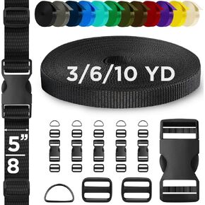 TECEUM Buckles & Strap Kit – 5/8" Black Nylon Webbing 6 (yd) – 6 Heavy Duty Adjustable Plastic Buckles – 12 Tri-Glide Slide Clips – 3 Metal D-Ring – Ideal Straps for Arts Crafts Outdoors Indoors DIY