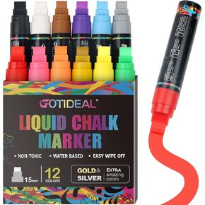 GOTIDEAL 12 Colors Jumbo Window Markers,Thick Car Markers, Chalkboard Markers for Kids Restaurant, Blackboard, Glass, Bistro, Car Paint Wet Erasable, 3 in 1 Nib, 2 Metallic Colors Inlcuded 15mm