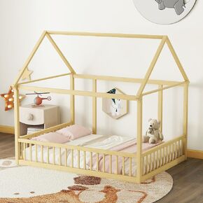 Toddler Floor Bed, Playhouse Floor Bed with Safety Fence & Convertible Door, Montessori Bed with Sturdy Soild Wood Slats Guardrails (White, Twin)